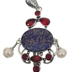 Handmade Sterling Silver Pendant with Lapis Lazuli Garnet Accents and Pearl Drop